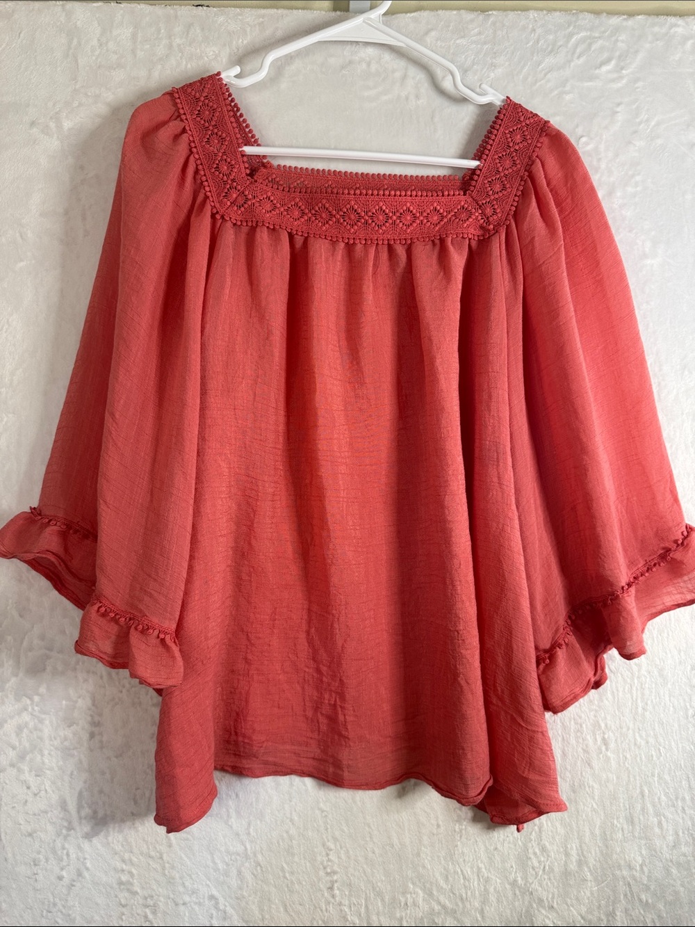 Zac & Rachel Pink Coral Peasant Blouse with Crochet 1X